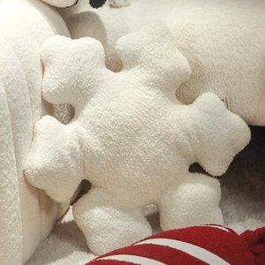 White Snow Flake Flower Shape Sherpa Plush Cushion Pillow with White Pompom Comf